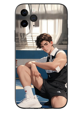 可爱体育男生手机壳适用15promax苹果13VIVOX90红米note12漫画玻璃壳一加12OPPOReno9荣耀100黑色软壳保护套