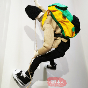 梧棣木人创意挂饰木偶人攀登木头人挂饰攀爬人物装 饰 饰攀爬墙壁装