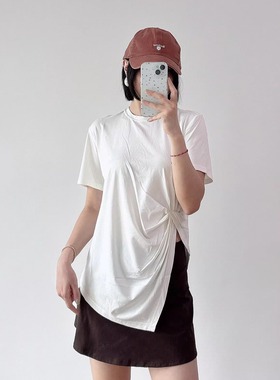 咕噜鸡自制【side spli*运动T恤】软弹冰凉透气单侧扭结运动T恤