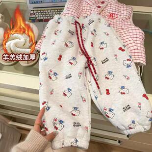 2025新款女童冬季加绒卫裤女宝宝休闲加厚长裤KT猫印花束脚裤子