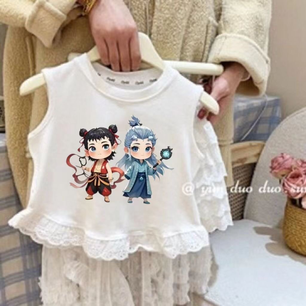 纯棉女童无袖T恤拼接蕾丝夏季