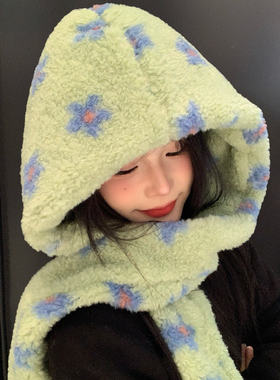 可爱花朵印花点缀毛绒帽子围巾一体女秋冬保暖羊羔毛套头帽护耳帽
