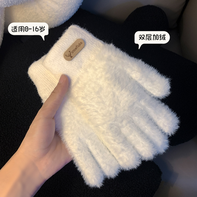 针织仿兔毛手套女冬季学生ins毛茸茸加绒保暖骑车防寒全指手套