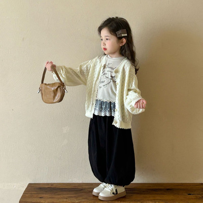 2025春季新款童装 韩版童装 女童镂空宽松毛衣开衫 幼儿园毛衣