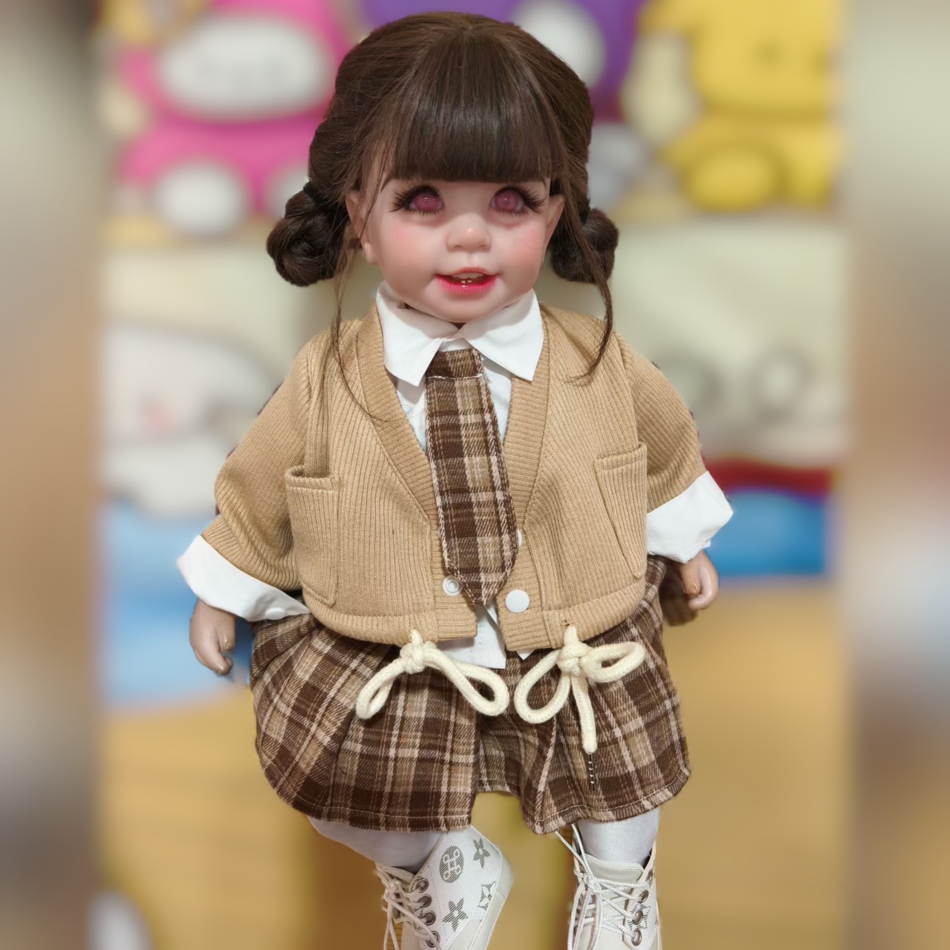 55cm娃娃衣服女孩甜美学院风jk套装外套衬衫格子短裙三件套校服裙 - 实物图
