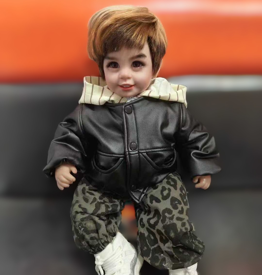 55cm娃娃衣服男孩冬季加绒加厚皮衣套装男娃连帽pu外套裤子两件套