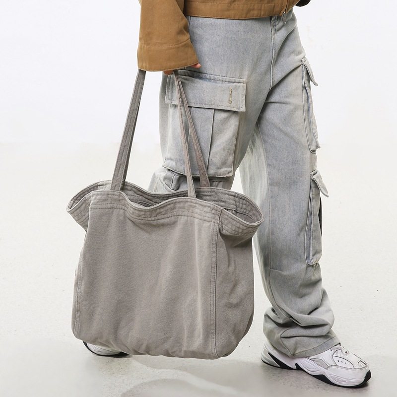 慵懒风大容量复古帆布包女纯色简约托特包男日系休闲单肩包购物袋