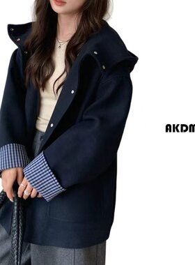 AKDM羊毛呢连帽外套减龄拼格子抽绳上衣女款A910