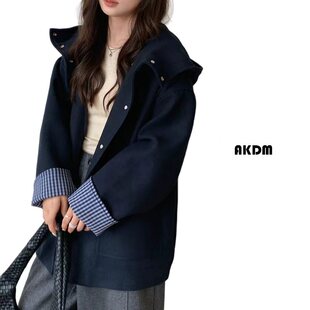 AKDM羊毛呢连帽外套减龄拼格子抽绳上衣女款 A910