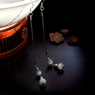 长款日常古风耳环猫眼石耳坠流苏耳夹纯银耳钩饰品古典简约气质饰