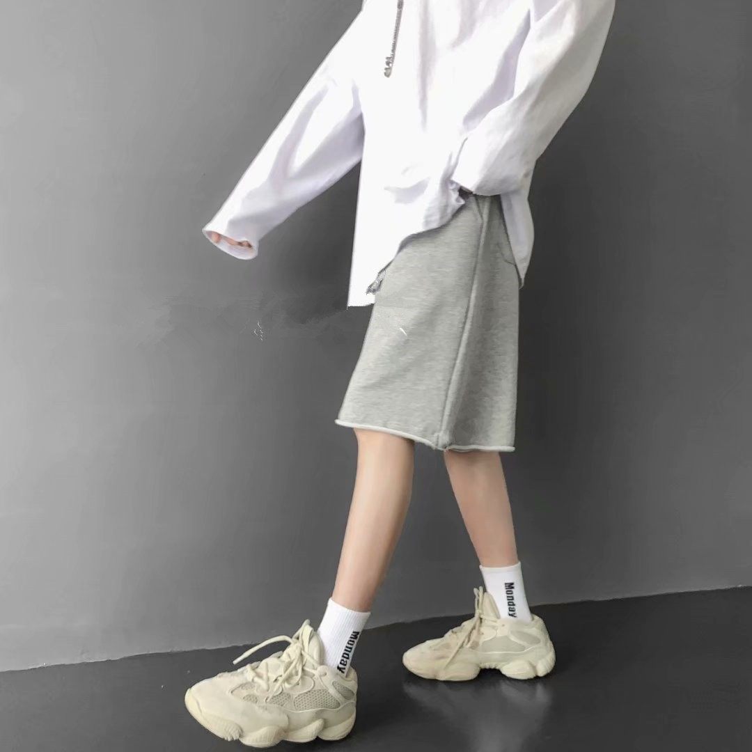 休闲短裤男直筒青春黑色灰色宽松运动裤夏外穿潮流卷边百搭五分裤