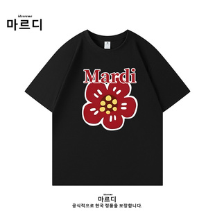 官方保障idcerem Mardi红色海棠花上衣韩国正品情侣圆领短袖女t恤