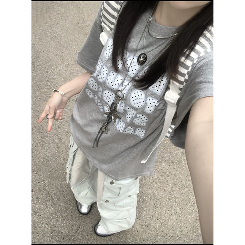 HAHAYOLO美式波点字母印花t恤女