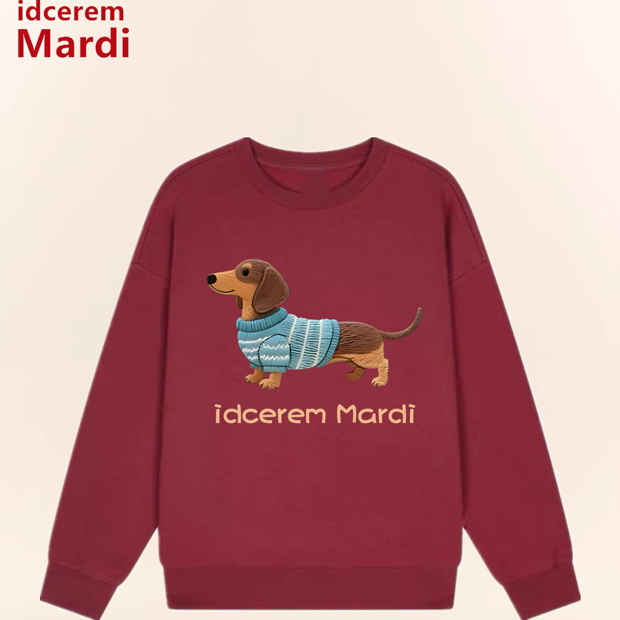 正品idcerem Mardi腊肠狗酒红色卫衣女秋季印花套头圆领韩版上衣
