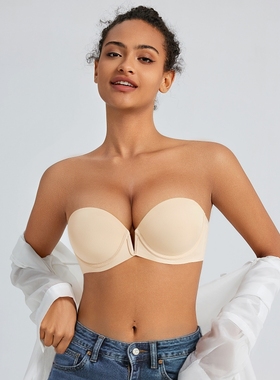 F杯V领小胸聚拢显大内衣上薄下厚有钢圈可拆卸肩带防滑无肩带文胸