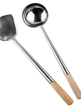 香港代购陈枝记炒勺锅铲子厨师专用不锈钢手勺炒壳长木柄炒菜铲