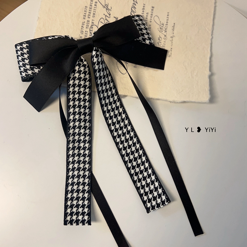 千鸟格蝴蝶结发夹飘带头饰女马尾盘发发卡后脑勺夹子弹簧夹顶夹