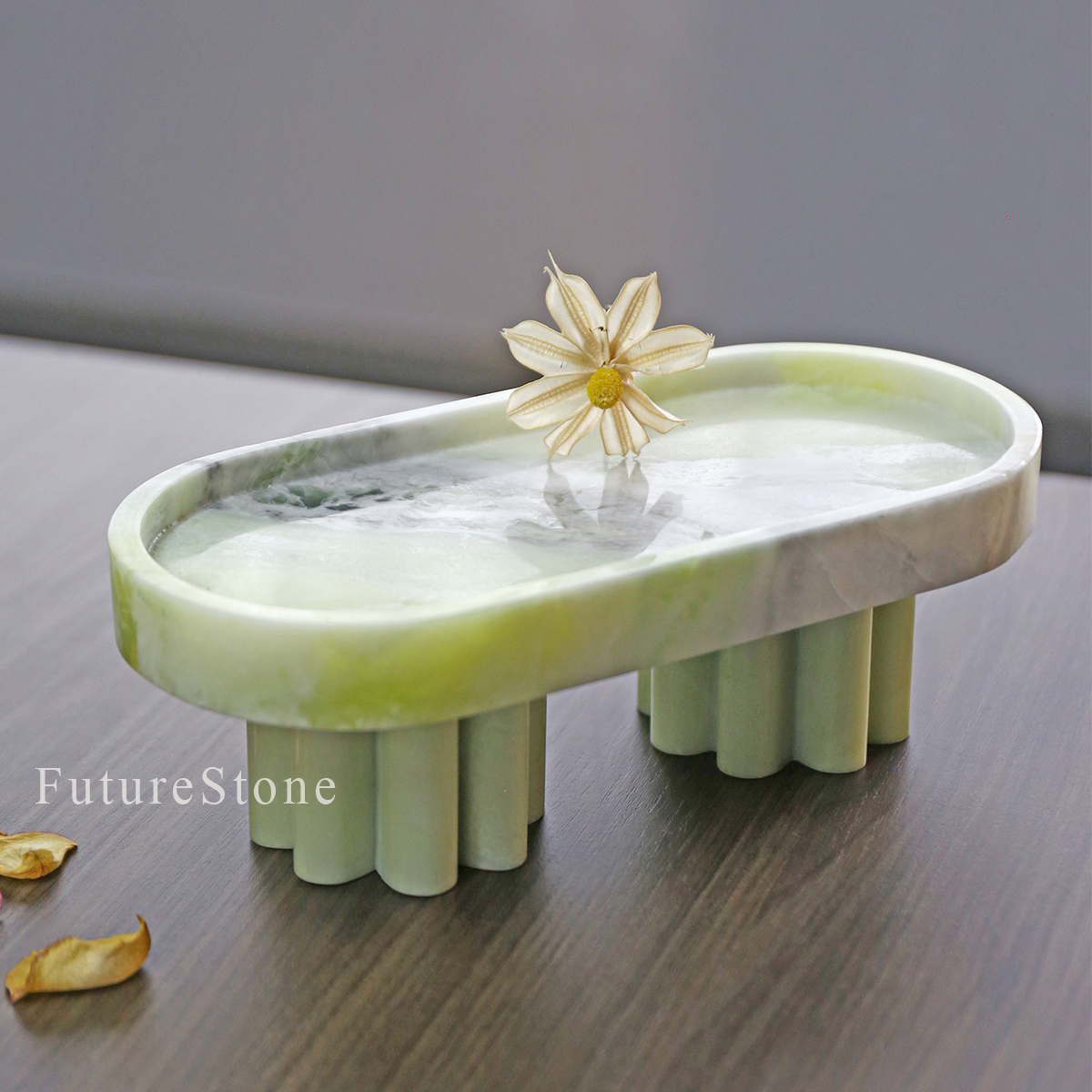侘寂风天然绿色大理石圆托盘餐厅饭厅咖啡甜品点心装饰摆件托盘