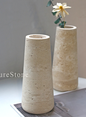 轻奢天然洞石大理石花瓶客厅玄关餐边柜干花插花器桌面高级感摆件