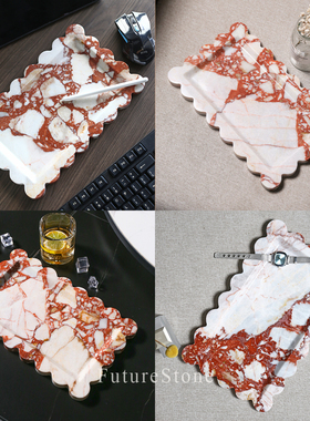 简约天然红色大理石轻奢托盘蜡烛罐香薰托盘浴室收纳置物盘果盘