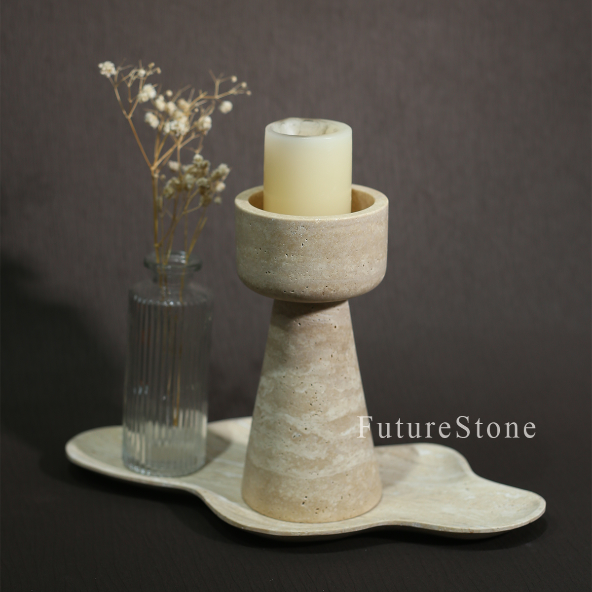 中古天然洞石烛台烛杯底座软装样板房客厅茶几装饰摆件家居饰品