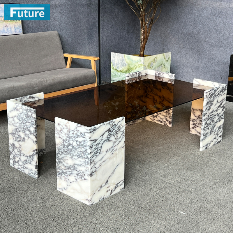 天然大理石卡紫亚克力咖啡桌宝格丽白餐饭桌餐台现代简约客厅吧台