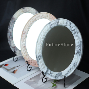 法式奶油风天然大理石镜面梳妆镜卧室化妆镜高级感装饰摆件椭圆镜