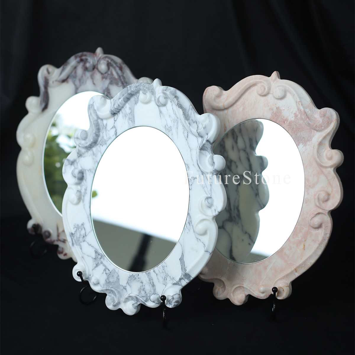 法式复古梳妆镜天然大理石化妆镜卧室桌面装饰摆件高级感氛围感