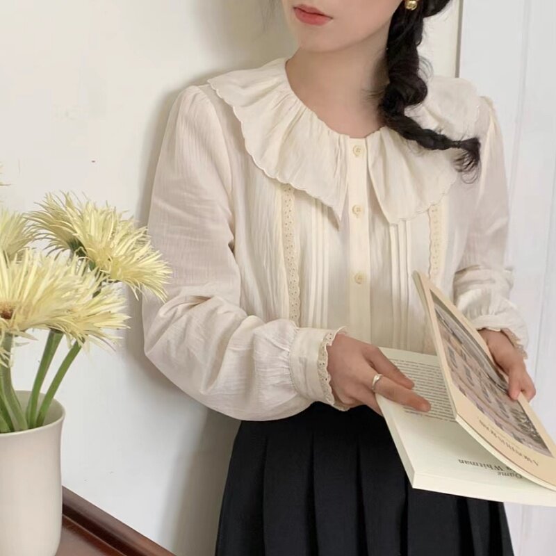 春季新品日系甜美可爱风薄款娃娃领刺绣木耳边长袖衬衫