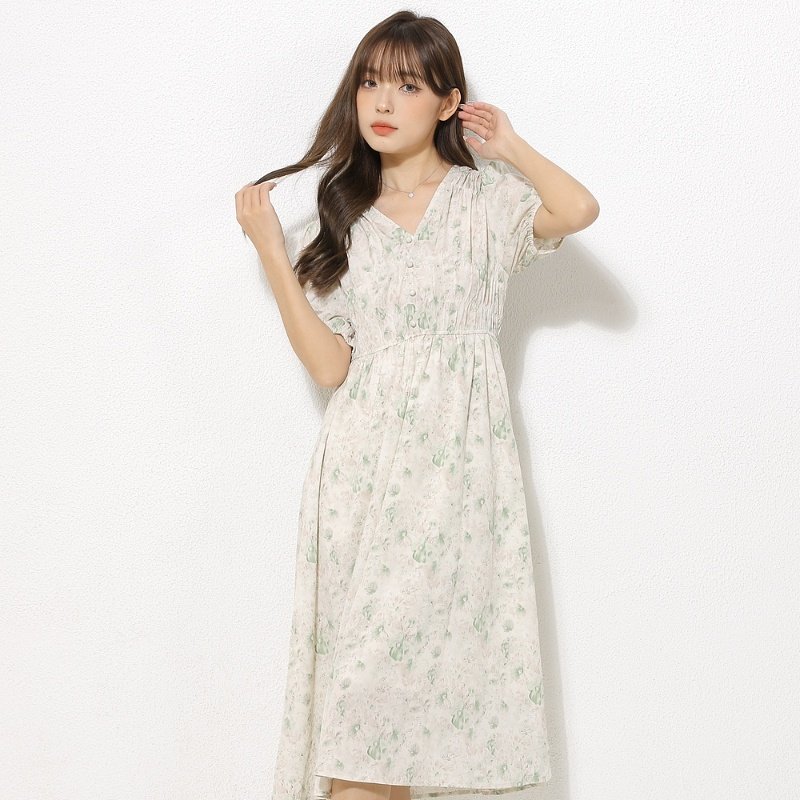 夏季日系长款碎花甜美V领