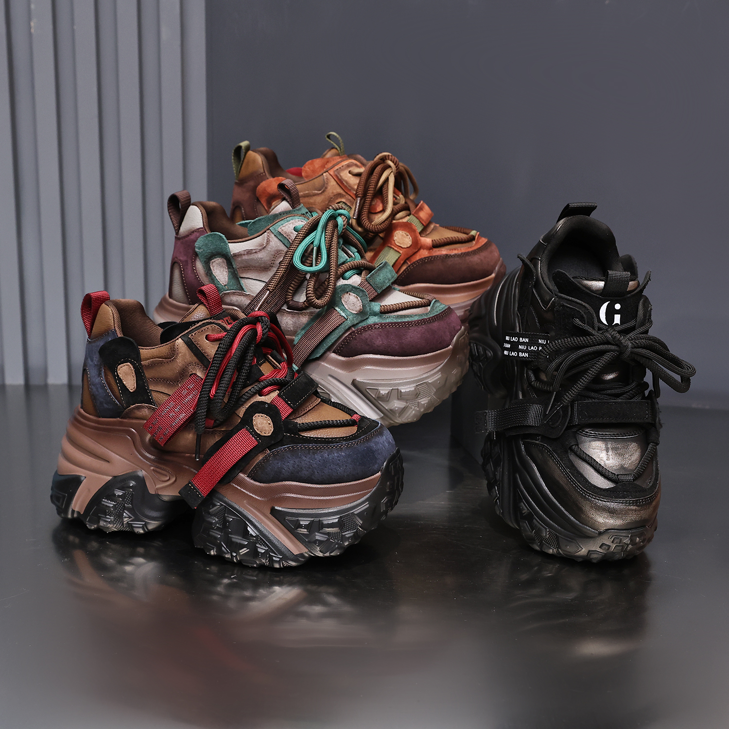 IG/IG增高10CM2025秋季新款运动老爹鞋加绒厚底松糕底女真皮鞋子