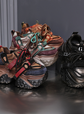 IG/IG增高10CM2025秋季新款运动老爹鞋加绒厚底松糕底女真皮鞋子