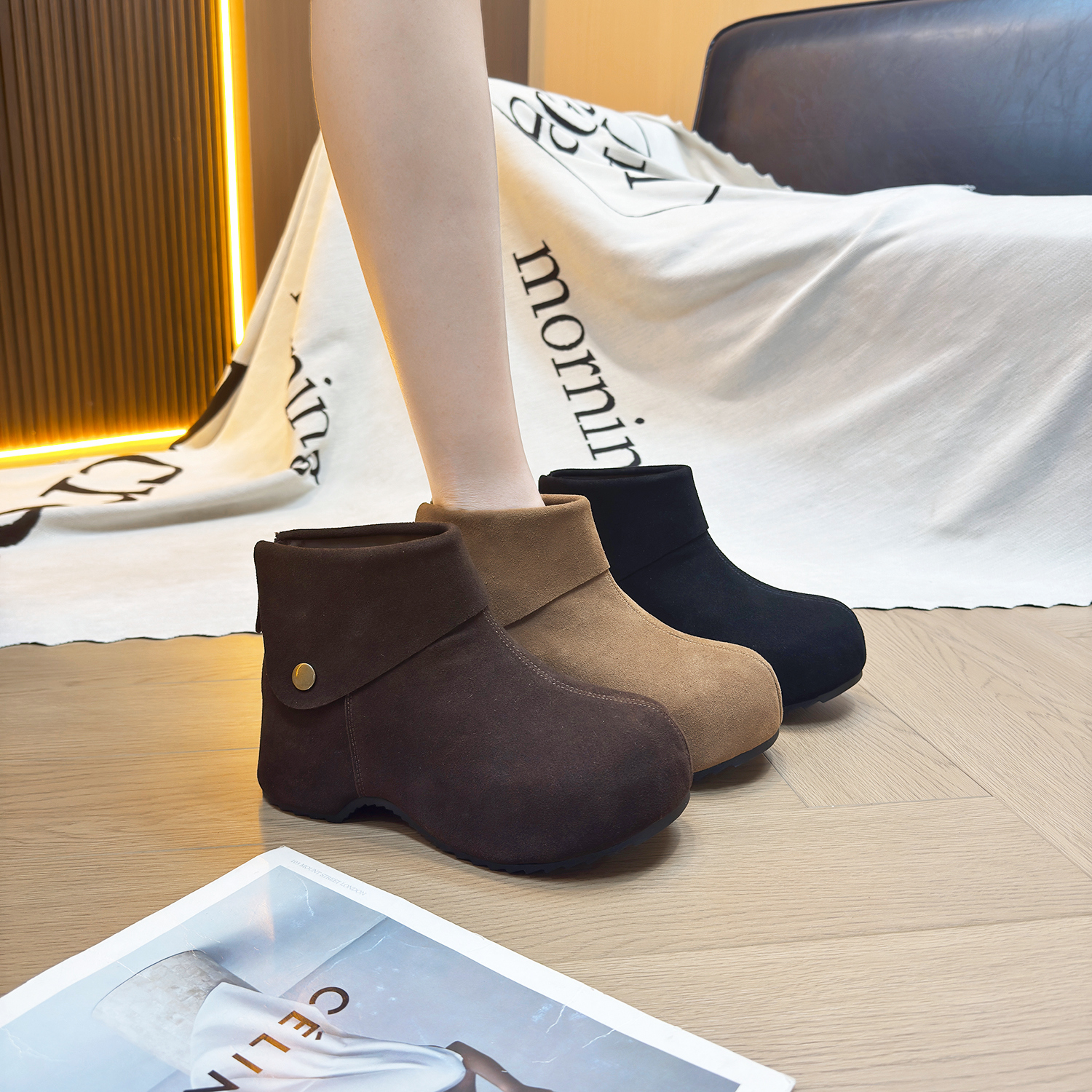 IG/IG增高6CM2025秋冬新款高跟雪地靴加绒加厚底真皮软底老爹女鞋