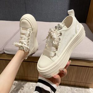 新中式印花丝绸布透气厚底松糕鞋女水钻圆头系带休闲板鞋小白鞋潮
