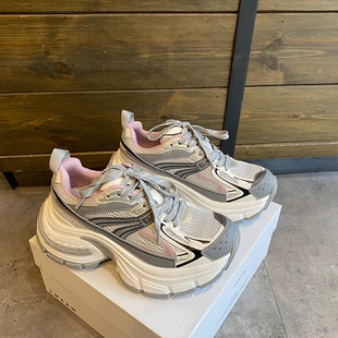 网面透气厚底增高老爹鞋女2025新款时尚拼色高跟运动休闲鞋旅游鞋