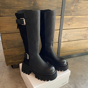 皮带扣机车靴女厚底长筒靴粗跟显瘦增高骑士靴小个子防水台高跟靴