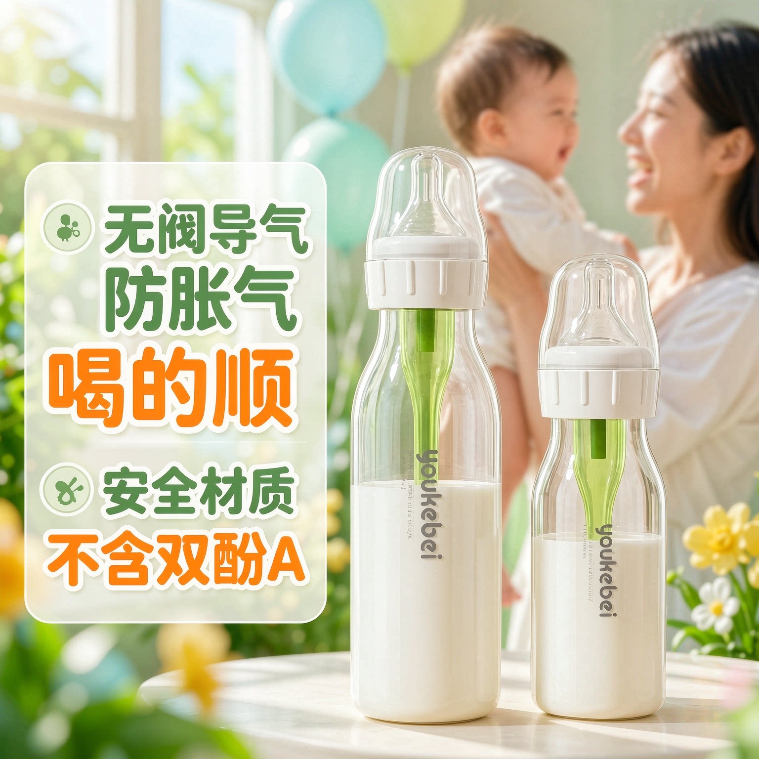 250ml防胀气PP奶瓶慢流奶嘴