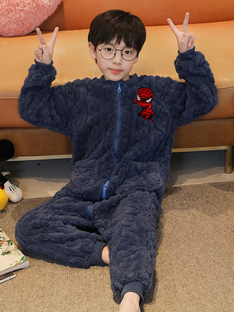 BOYS ONE-PIECE PAJAMAS CORAL VELVET AUTUMN AND WINTER WARM BOYS MIDDLE AND LARGE CHILDREN KICK-PROOF ONE-PIECE SLEEPING BAGS CHILDRENS LOUNGEWEAR