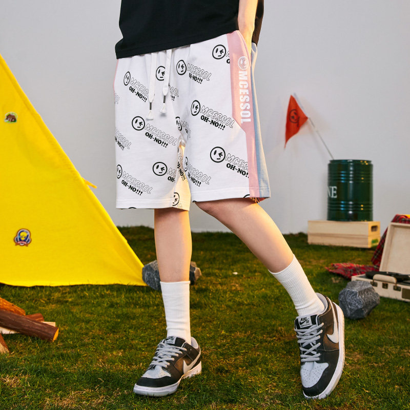 Mcessol港风ins潮牌短裤男女情侣装笑脸满印花沙滩嘻哈休闲短裤子