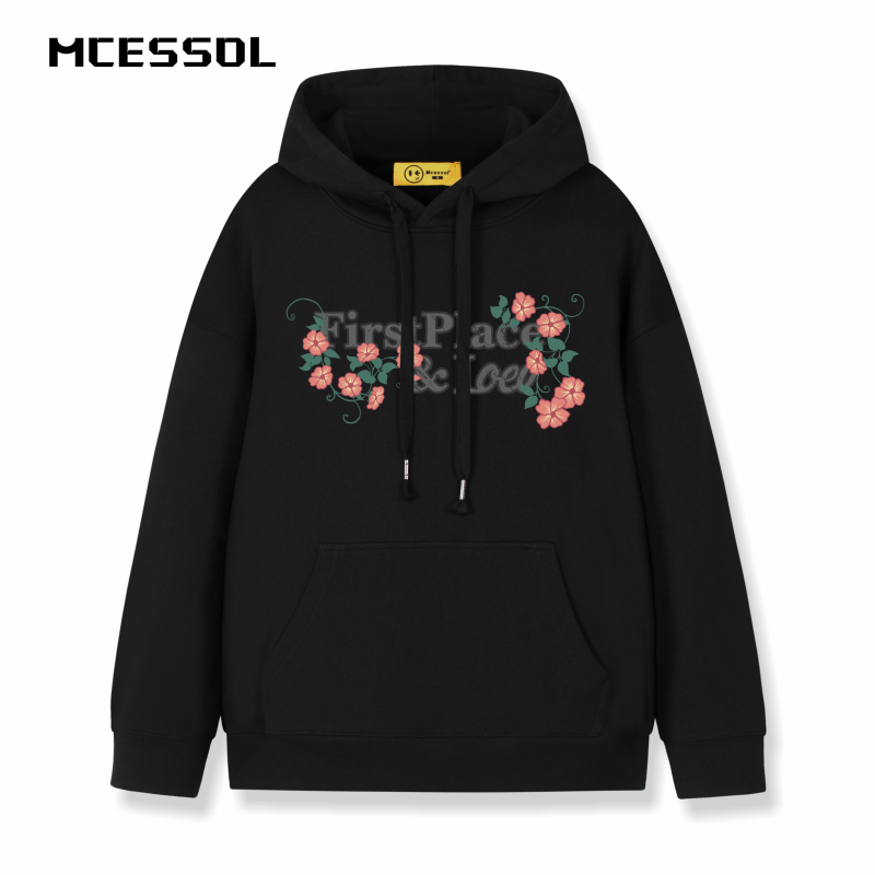 Mcessol设计师原创品牌复古粉色花卉英文套头连帽衫卫衣男女街头