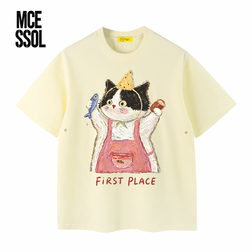 Mcessol设计师原创品牌油画卡通猫咪鱼印花圆领短袖t恤男女ins潮