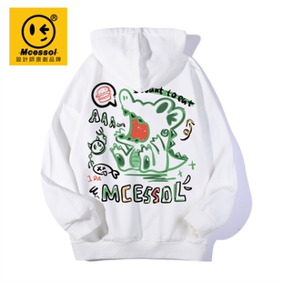 Mcessol设计师原创品牌卡通小鳄鱼汉堡长袖连帽卫衣男女同款白色