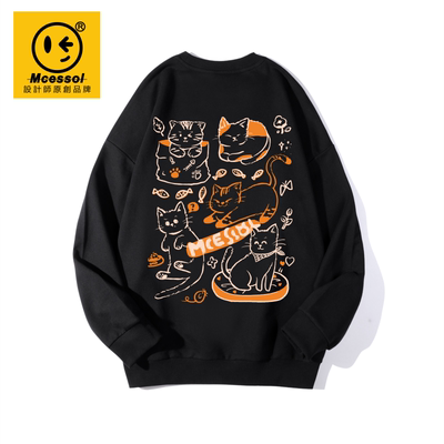 卡通趣味小猫咪英文圆领卫衣男女