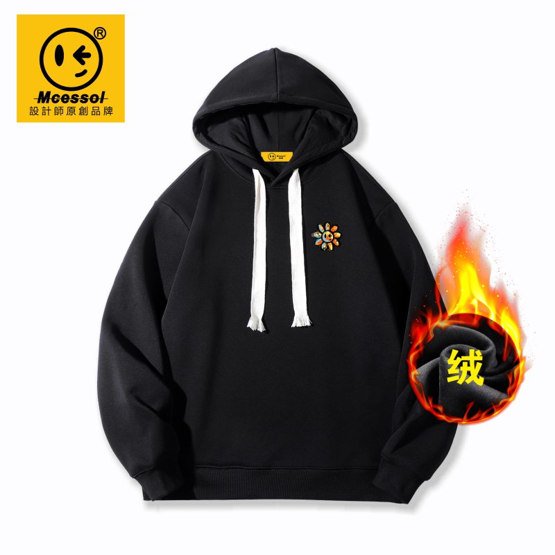 Mcessol设计师原创品牌彩色小雏菊笑脸胸花套头连帽卫衣男女加绒