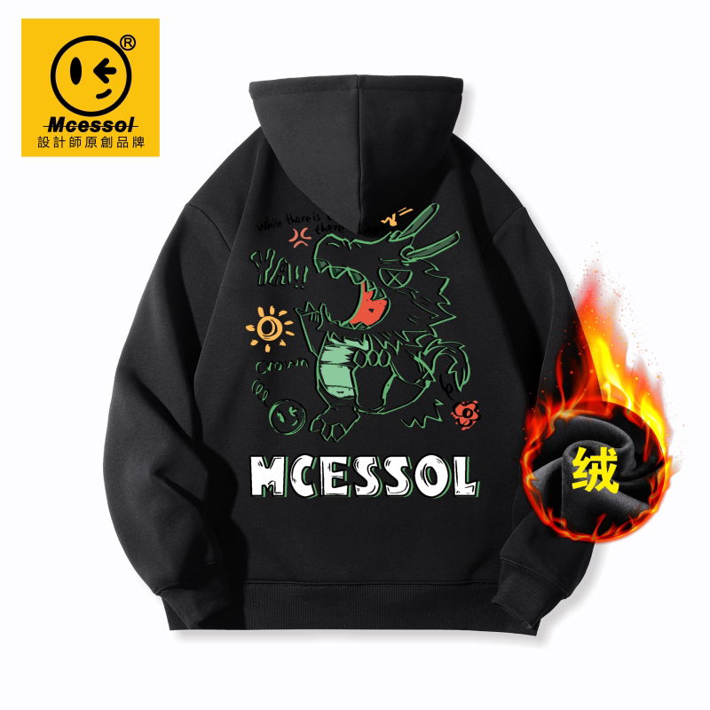 Mcessol设计师原创品牌涂鸦字母龙图案套头连帽卫衣男女加绒保暖
