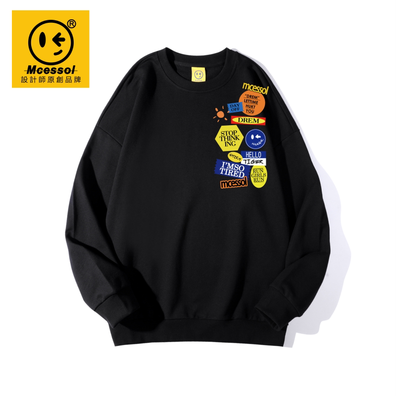 Mcessol设计师原创品牌彩色笑脸图标胸章印花长袖卫衣男女ins潮流
