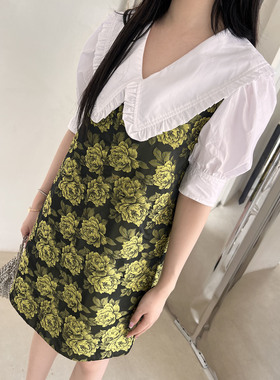 【全新5折】新品提花迷你连衣裙显瘦花朵方领粗肩带无袖A字裙