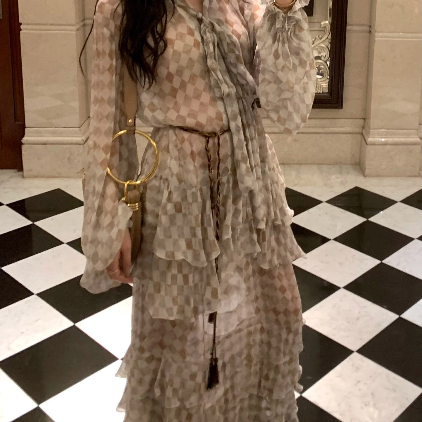 sofia定制25早秋新款复古格纹荷叶边连衣裙女小众气质系带长裙子