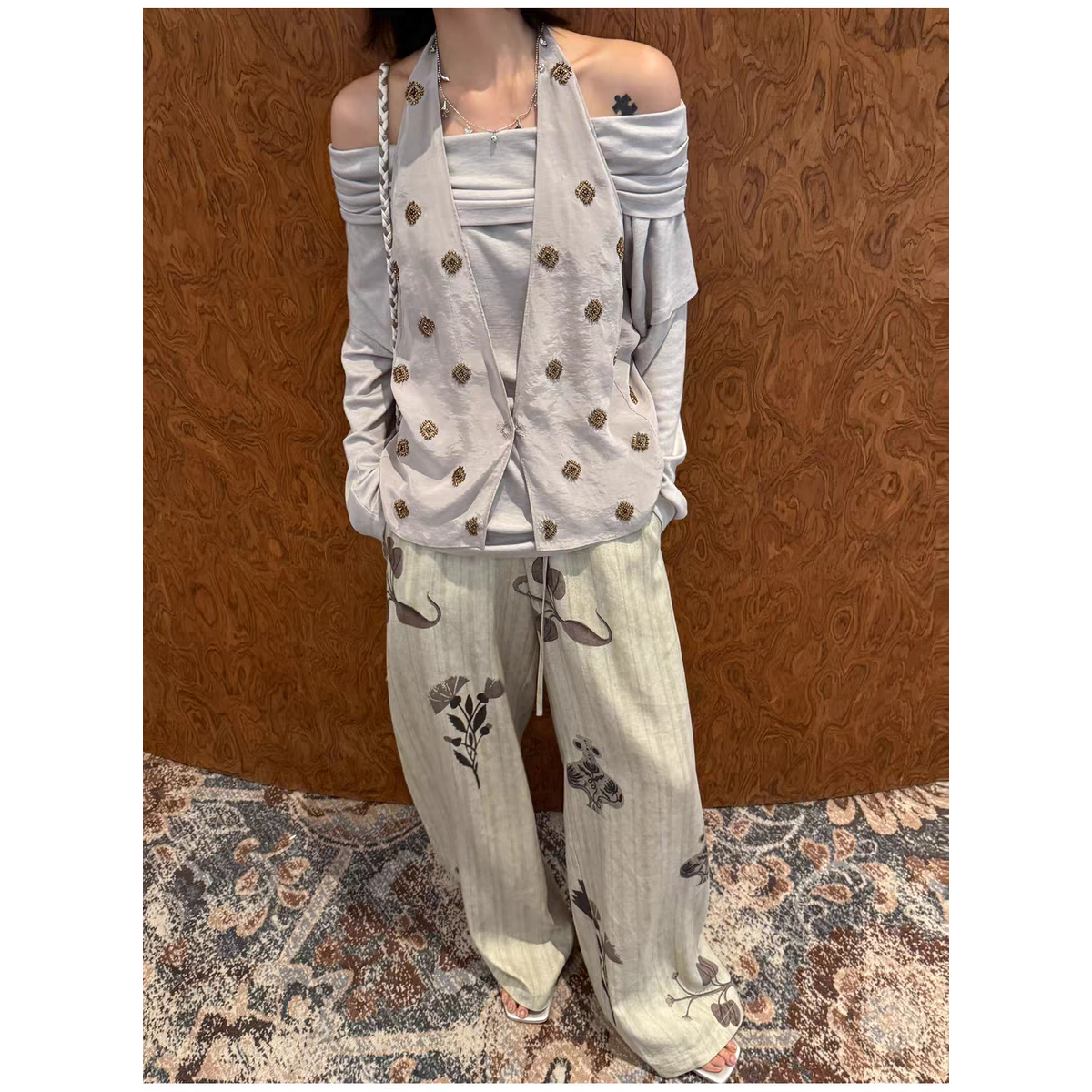 sofia定制25早秋新款重工钉珠马甲背心+一字肩长袖T恤百搭上衣女