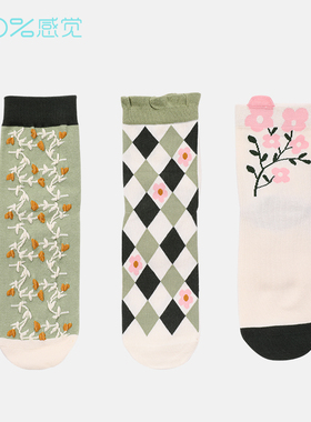 100%感觉百分百感觉中筒棉质复古花卉图案亲肤女袜10961